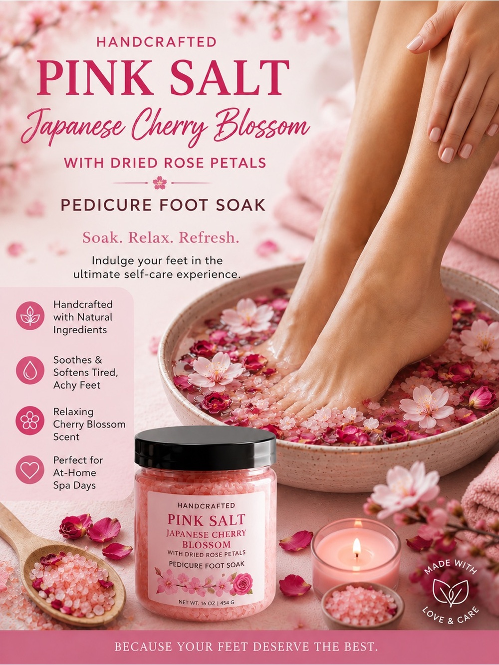 Handcrafted Pink Salt Japanese Cherry Blossom Pedicure Foot Soak